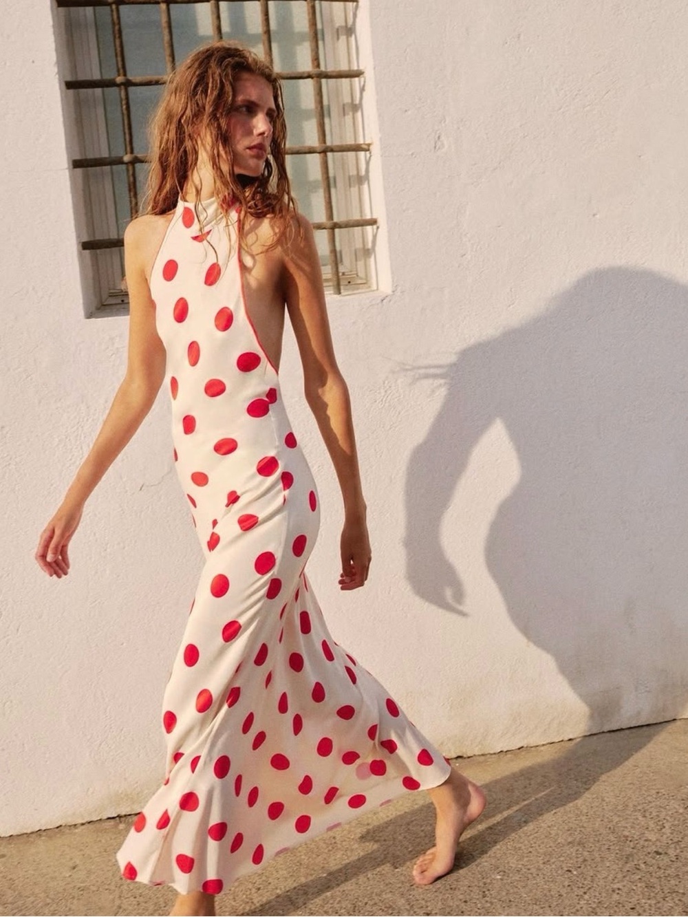 Zara White Halter Maxi Dress with Red Polka Dots